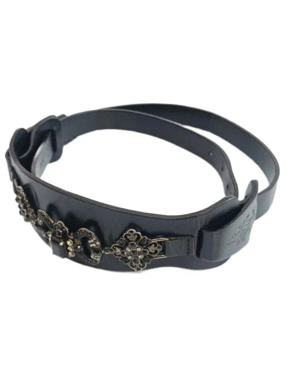 Dolce & Gabbana Belt Leather Buckle Ribbon Rhinestone Bijou 38/80 Black